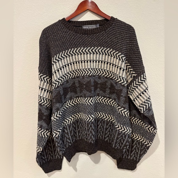 90s David Taylor Sweater – Men’s M – Made in USA – Black & Cream Geometric Knit - Picture 1 of 10